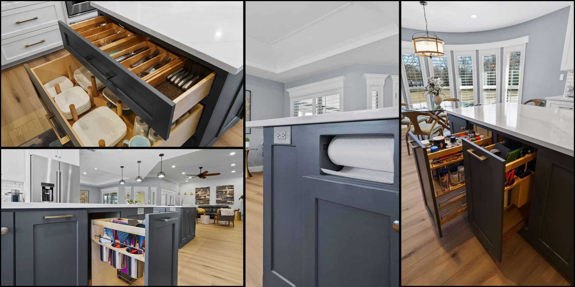 Images of island storage for easy access to kitchen accessories for aging-in-place by Elite Remodeling in Frisco, TX