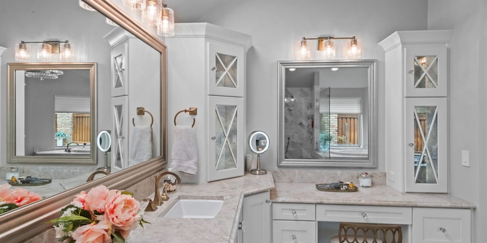 Image of a bathroom remodel with vanity and custom cabinetry by Elite Remodeling in Frisco, TX