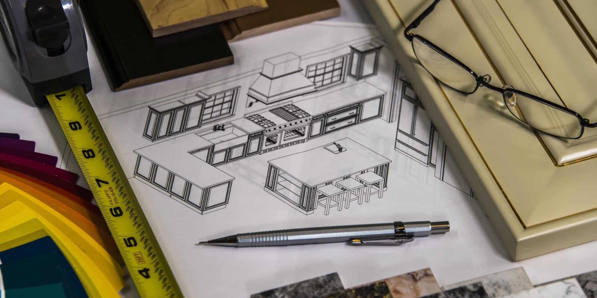 Stock image of kitchen remodeling plans with paint tiles and materials
