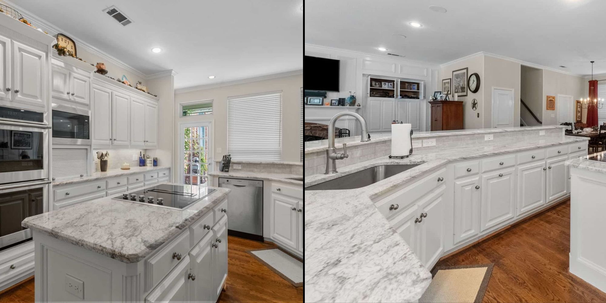 Bright white kitchen remodel in Frisco, TX with shaker cabinets and stone countertops by Elite Remodeling