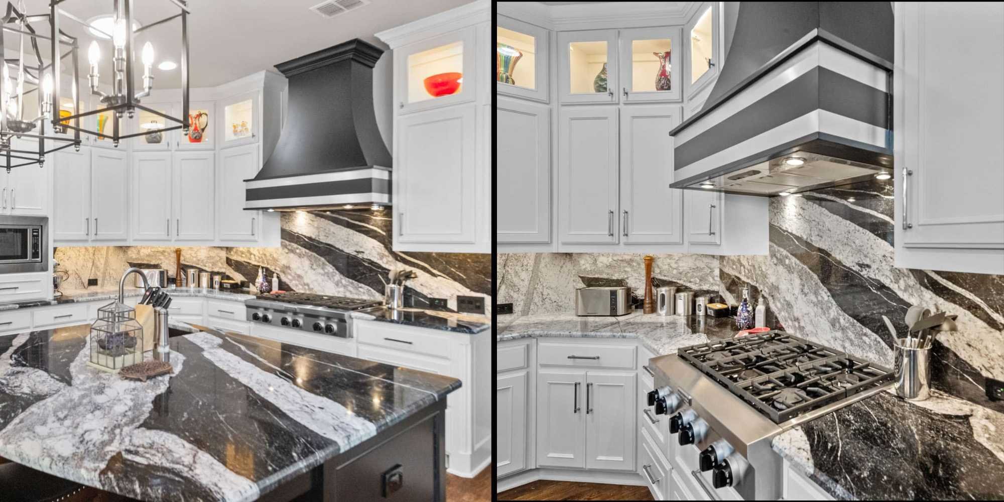 Kitchen remodel in Collin County, TX by Elite Remodeling featuring bold veined stone surfaces, custom cabinetry, and range hood