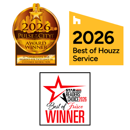 2026 Awards Logo Grpahics for Pulse of the City, Best of Service for Houzz, and Star Readers Choice Best of Frisco